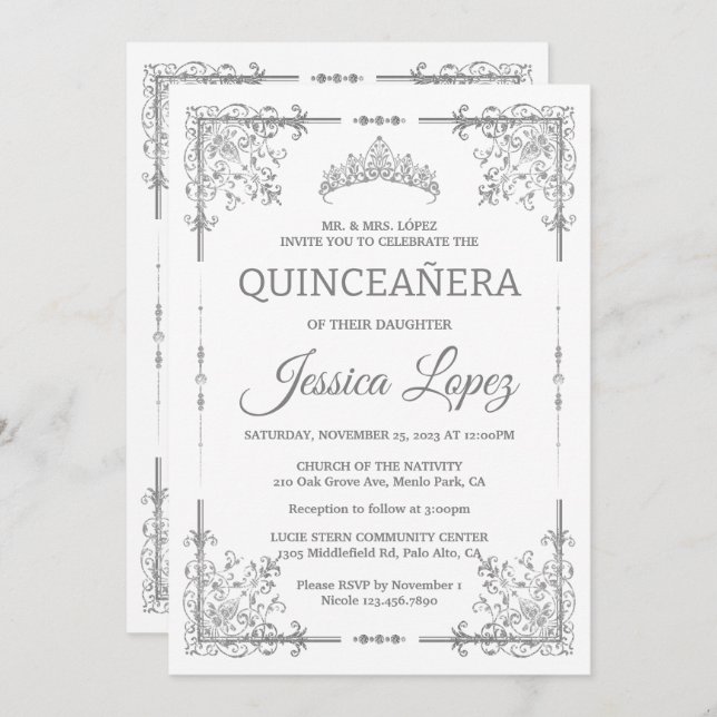 Elegant Luxurious White and Grey Quinceanera Invitation (Front/Back)