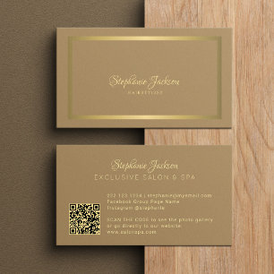 Elegant luxury beige and gold QR code hairstylist Business Card