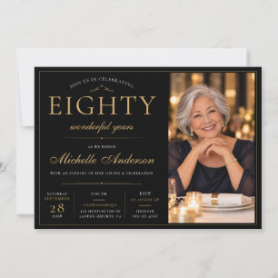 Elegant Luxury Black and Gold Photo 80th Birthday Invitation