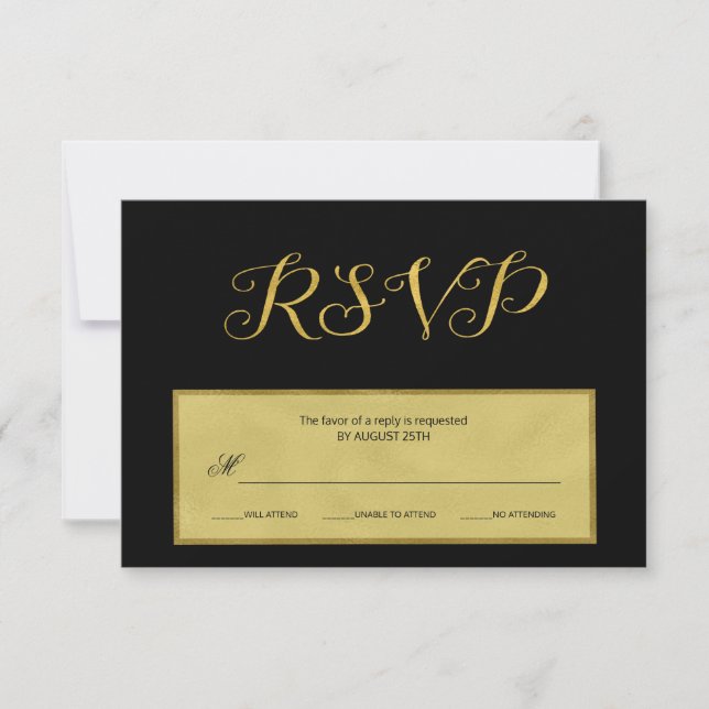 Elegant luxury black and gold wedding rsvp script card (Front)