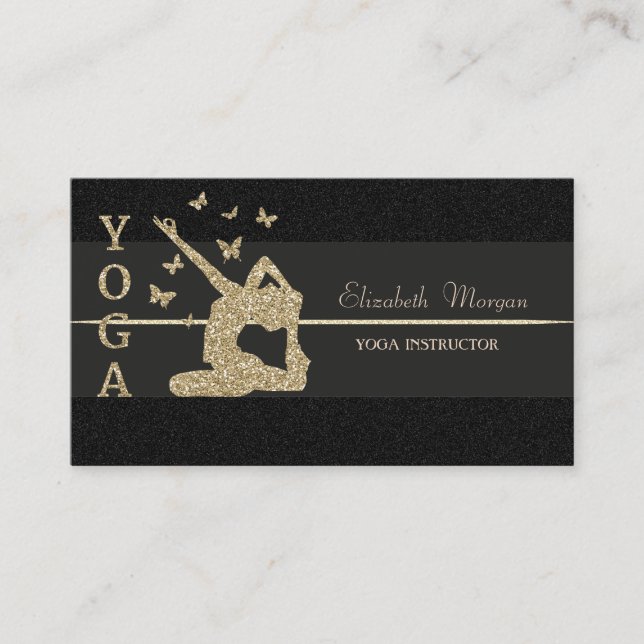 Elegant Luxury Black Glitter Girl Yoga Instructor Business Card (Front)