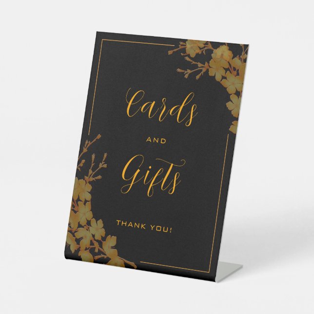 Elegant Luxury Black & Gold Floral Cards Gifts Pedestal Sign (Front)