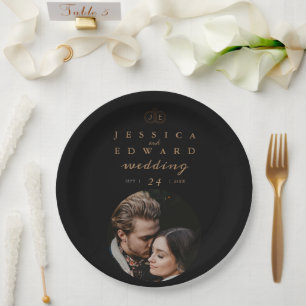 Elegant Luxury Black Gold Monogram Photo Wedding Paper Plate