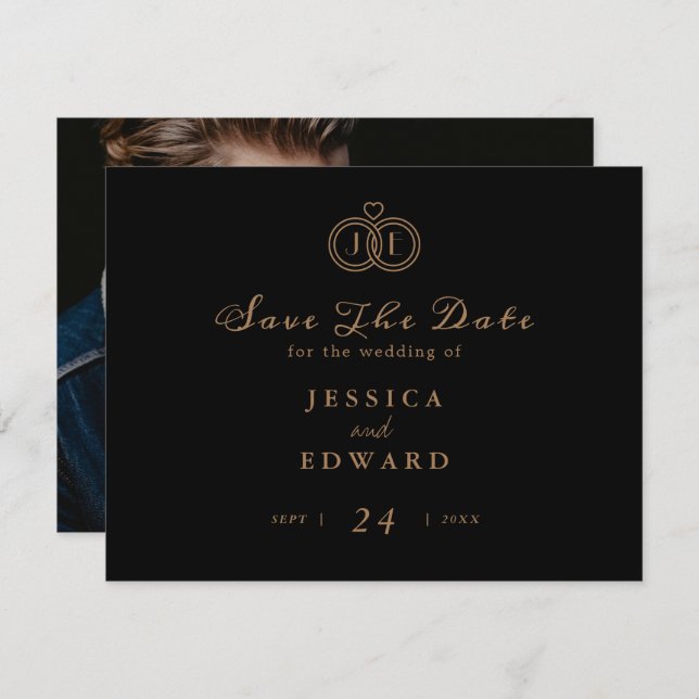 Elegant Luxury Black Gold Ring Monogram Photo Save The Date (Front/Back)