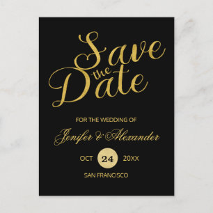 Elegant luxury black gold wedding save date script announcement postcard