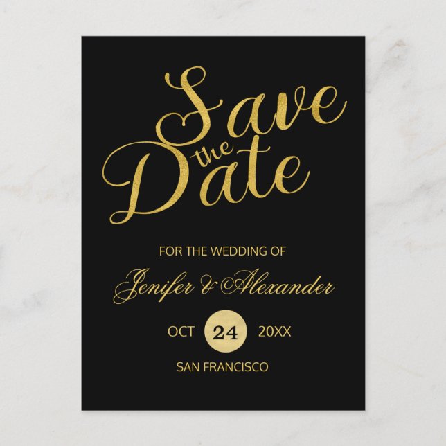 Elegant luxury black gold wedding save date script announcement postcard (Front)