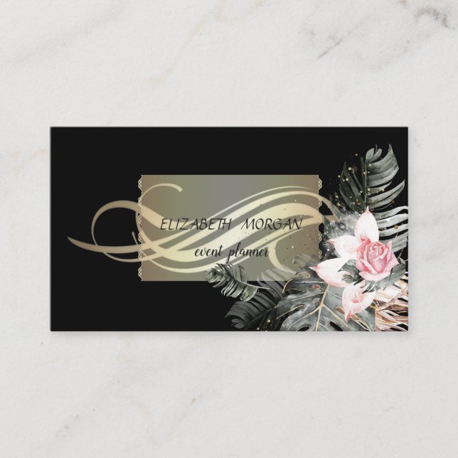 Elegant Luxury Black Palm Leaves Flowers Business Card (Front)