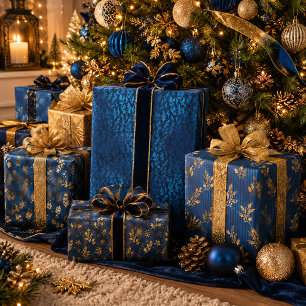 Elegant Luxury Blue Gold Christmas Holiday Wrapping Paper Sheet