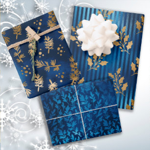 Elegant Luxury Blue Gold Christmas Holiday Wrapping Paper Sheet