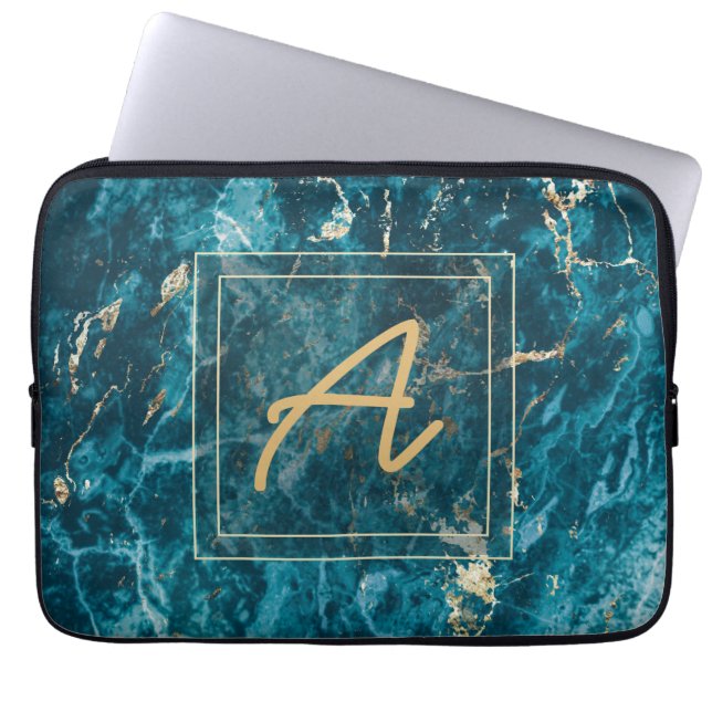 Elegant Luxury Blue Gold Marble Effect Monogram  Laptop Sleeve (Front)