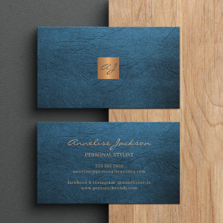 Elegant luxury blue leather copper gold monogram business card