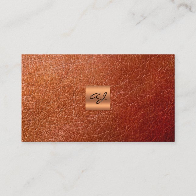 Elegant luxury brown leather copper gold monogram business card (Front)