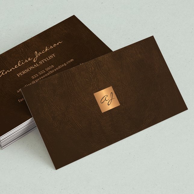 Elegant luxury brown leather copper gold monogram business card (Creator Uploaded)