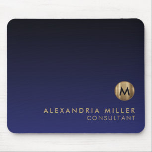 Elegant Luxury Brushed Gold Monogram Navy Blue Mouse Mat