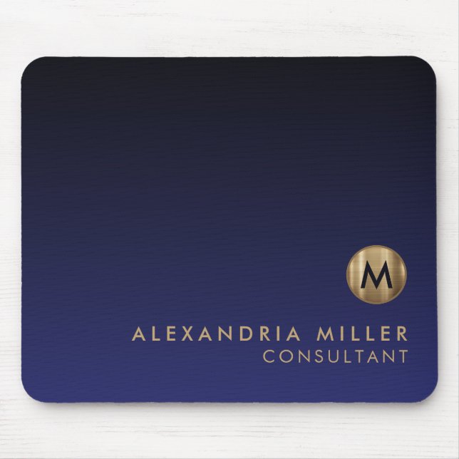Elegant Luxury Brushed Gold Monogram Navy Blue Mouse Mat (Front)