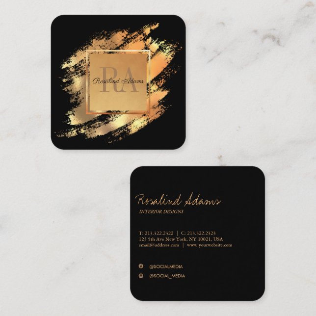 Elegant Luxury Brushstroke Glam Faux Gold Monogram Square Business Card (Front/Back)