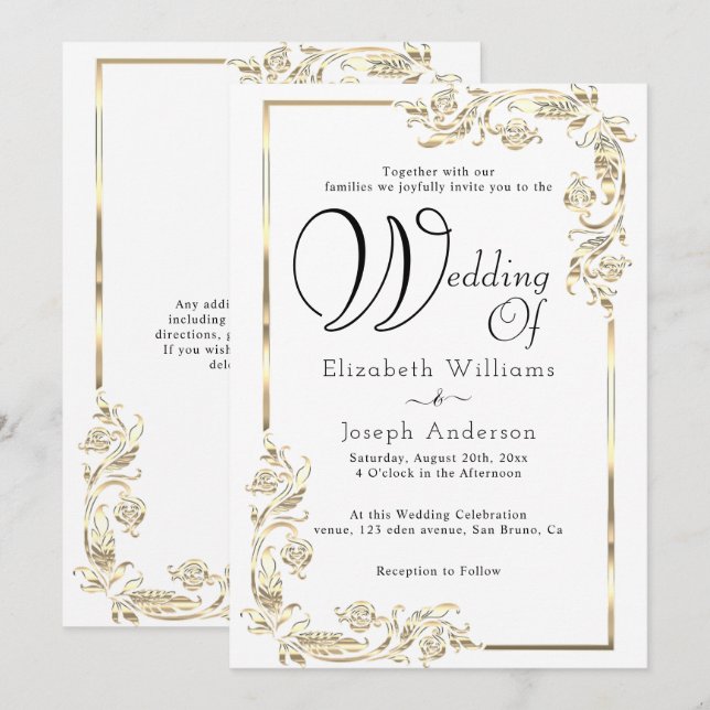 Elegant Luxury Budget Gold Floral Frame Wedding  Invitation (Front/Back)