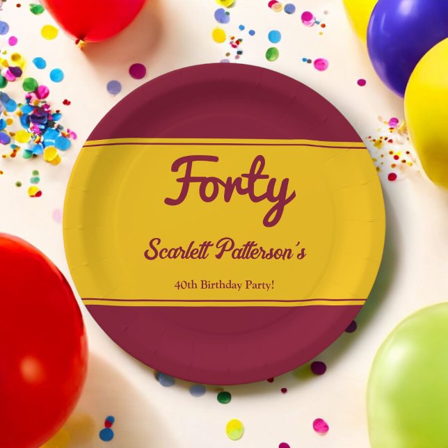 Elegant Luxury Burgundy And Gold 40th Birthday Paper Plate (Creator Uploaded)