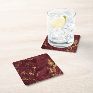 Elegant Luxury Burgundy Gold Marble Square Paper Coaster