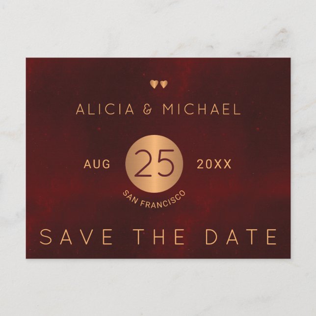 Elegant luxury burgundy gold wedding save date announcement postcard (Front)