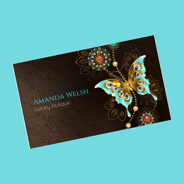 Elegant luxury butterfly brown turquoise gold  business card (Creator Uploaded)