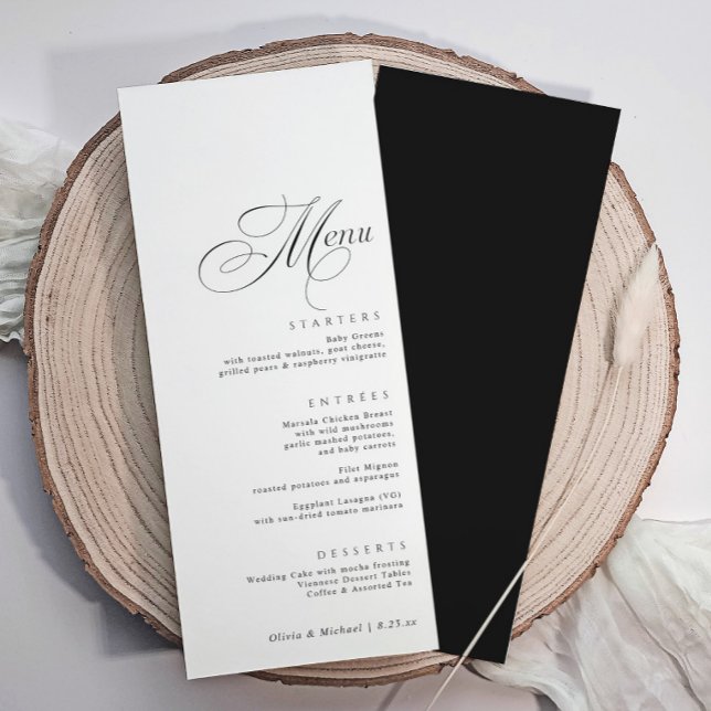 Elegant Luxury Calligraphy Wedding Menu (Elegant calligraphy wedding menus with ornate calligraphy and black back.)