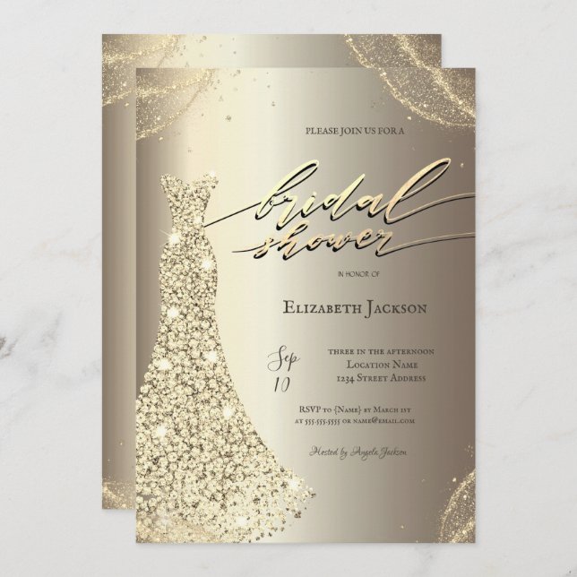 Elegant Luxury Dress Gold Bridal Shower  Invitation (Front/Back)