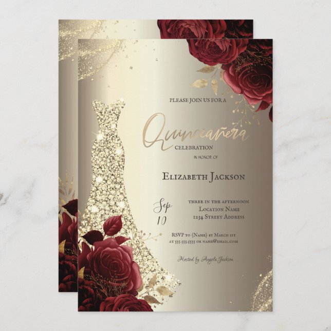 Elegant Luxury Dress Red Roses Gold Quinceañera Invitation (Front/Back)