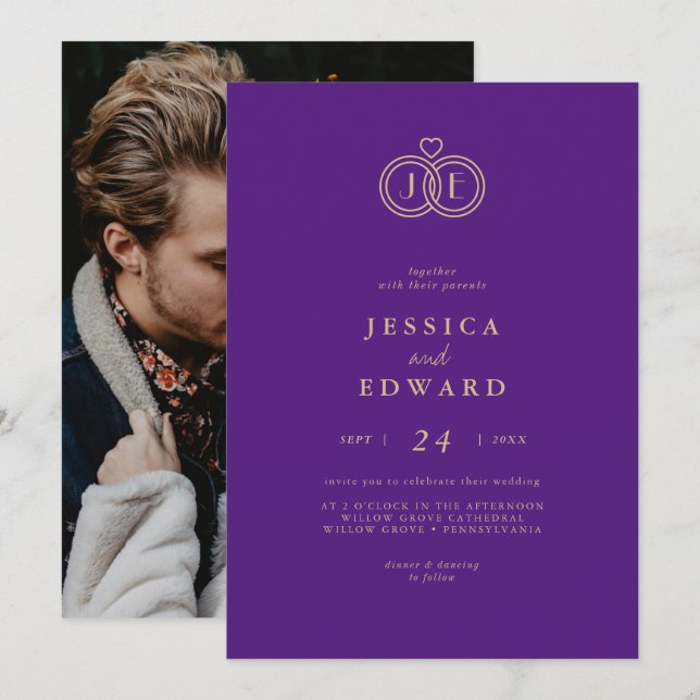 Elegant Luxury Eggplant Monogram Photo Wedding Invitation (Front/Back)