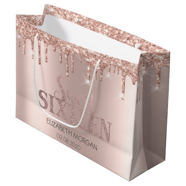 Elegant Luxury Glitter Rose Gold Drips Sweet 16 Large Gift Bag (Front Angled)