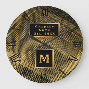 Elegant Luxury Gold Black Wave Monogrammed Large Clock