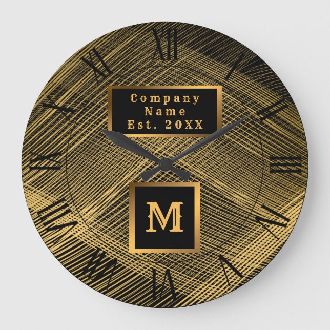Elegant Luxury Gold Black Wave Monogrammed Large Clock (Front)