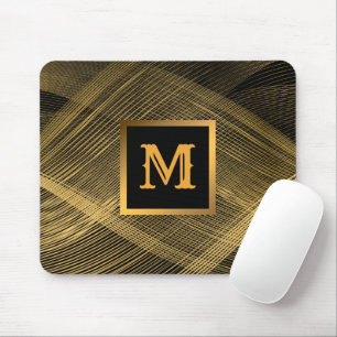 Elegant Luxury Gold Black Wave Monogrammed Mouse Mat