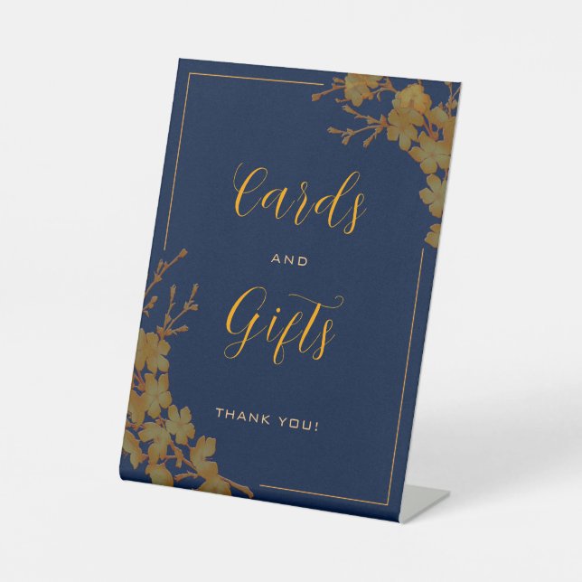 Elegant Luxury Gold Floral Navy Blue Cards Gifts Pedestal Sign (Front)
