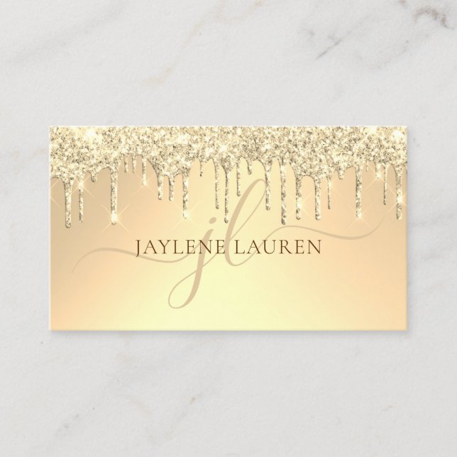 Elegant Luxury Gold Glitter Drips Monogram Business Card (Front)
