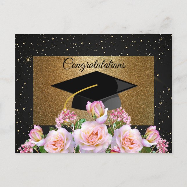 Elegant,Luxury,Gold Glitter,Roses,Graduation Cap Postcard (Front)