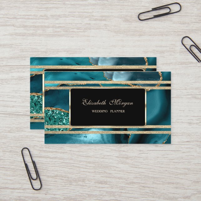 Elegant Luxury Gold Glittery Stripes Emerald Green Business Card (Front/Back In Situ)