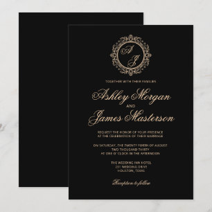 Elegant Luxury Gold Monogram Black Wedding Invitation