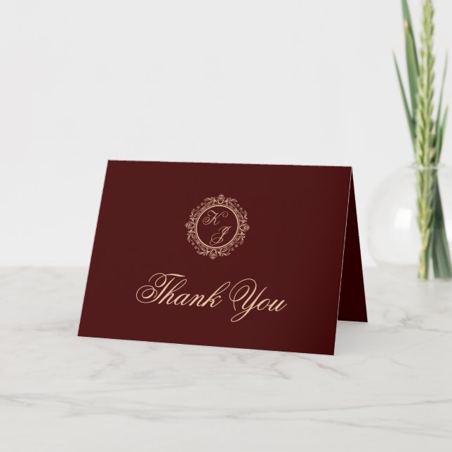 Elegant Luxury Gold Monogram Burgundy Wedding Thank You Card (Front)