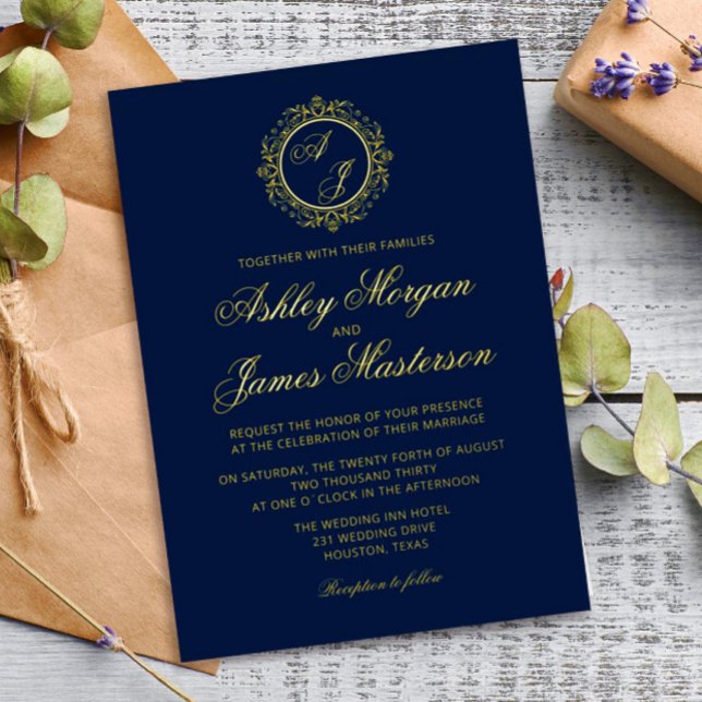 Elegant Luxury Gold Monogram Navy Blue Wedding (Creator Uploaded)