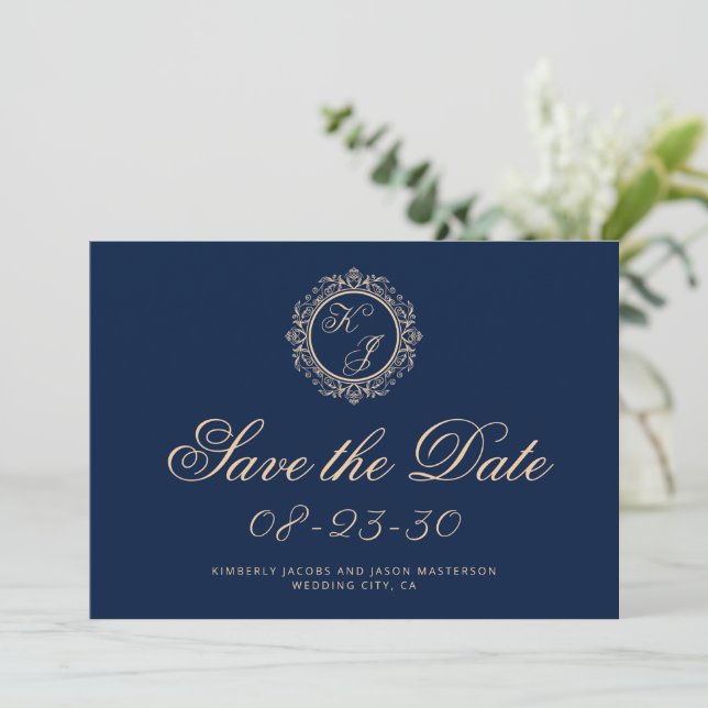 Elegant Luxury Gold Monogram Navy Blue Wedding Save The Date (Standing Front)