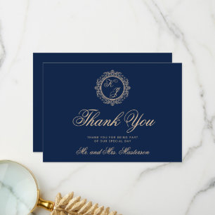 Elegant Luxury Gold Monogram Navy Blue Wedding Thank You Card