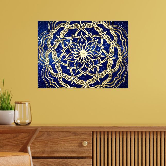 Elegant Luxury Gold & Navy Blue Mandala Reiki Yoga Foil Prints (In Situ (Living Room))