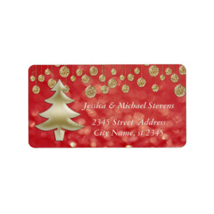 Elegant luxury gold red glittery Christmas tree Label