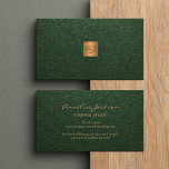 Elegant luxury green leather copper gold monogram business card<br><div class="desc">Classy upscale monogrammed business card in faux classic dark emerald green leather (PRINTED, there is NO REAL LEATHER) with a faux gold copper metallic shiny square (also PRINTED). Easy to personalise on both sides! Suitable for consultants, personal stylists, makeup artist, hairstylist, salon manager, home interior designers or architects, boutique owners,...</div>