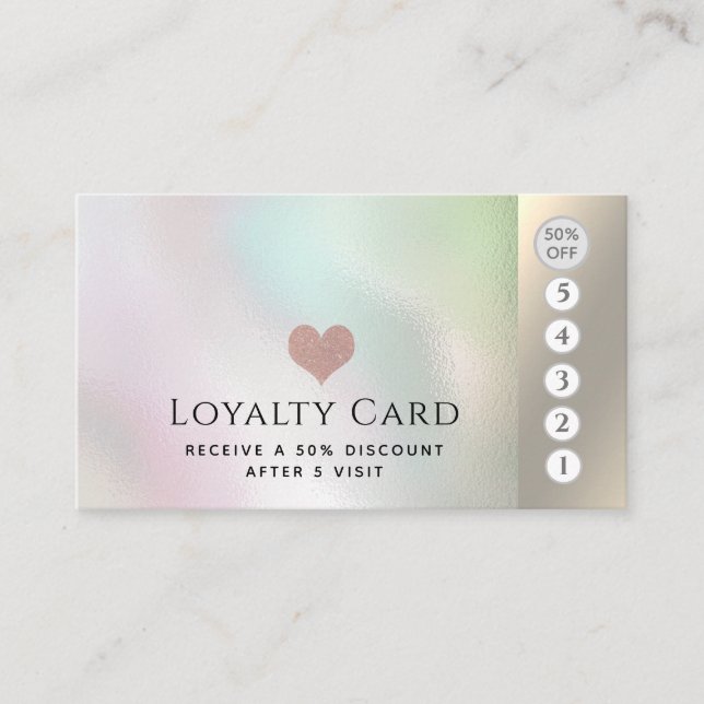 Elegant luxury holographic pink heart loyalty card (Front)
