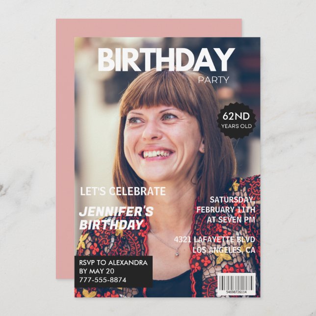 Elegant Luxury Magazine Photo 62nd birthday Invitation (Front/Back)