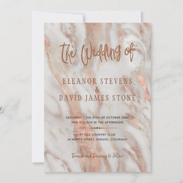 Elegant luxury marble copper and rose gold wedding invitation (Front)