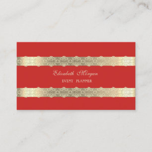 Elegant Luxury  Modern,Gold Striped,Lace,Red Business Card