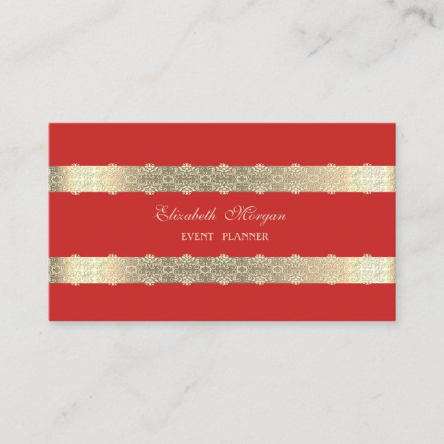 Elegant Luxury  Modern,Gold Striped,Lace,Red Business Card (Front)